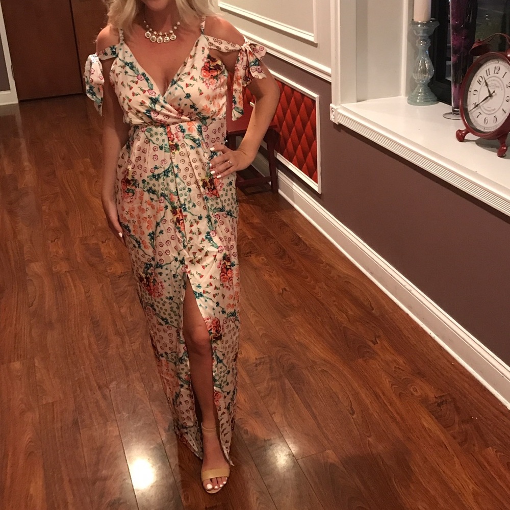 Satin floral cold shoulder dress