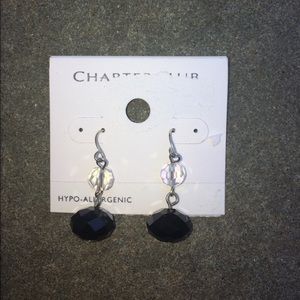 Black and Clear beaded hanging earrings on silver