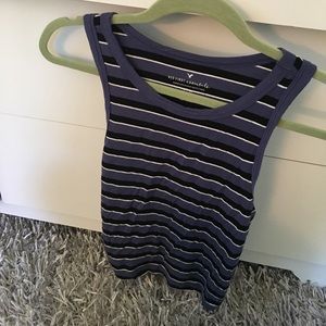 Blue, black, and white striped cropped tank