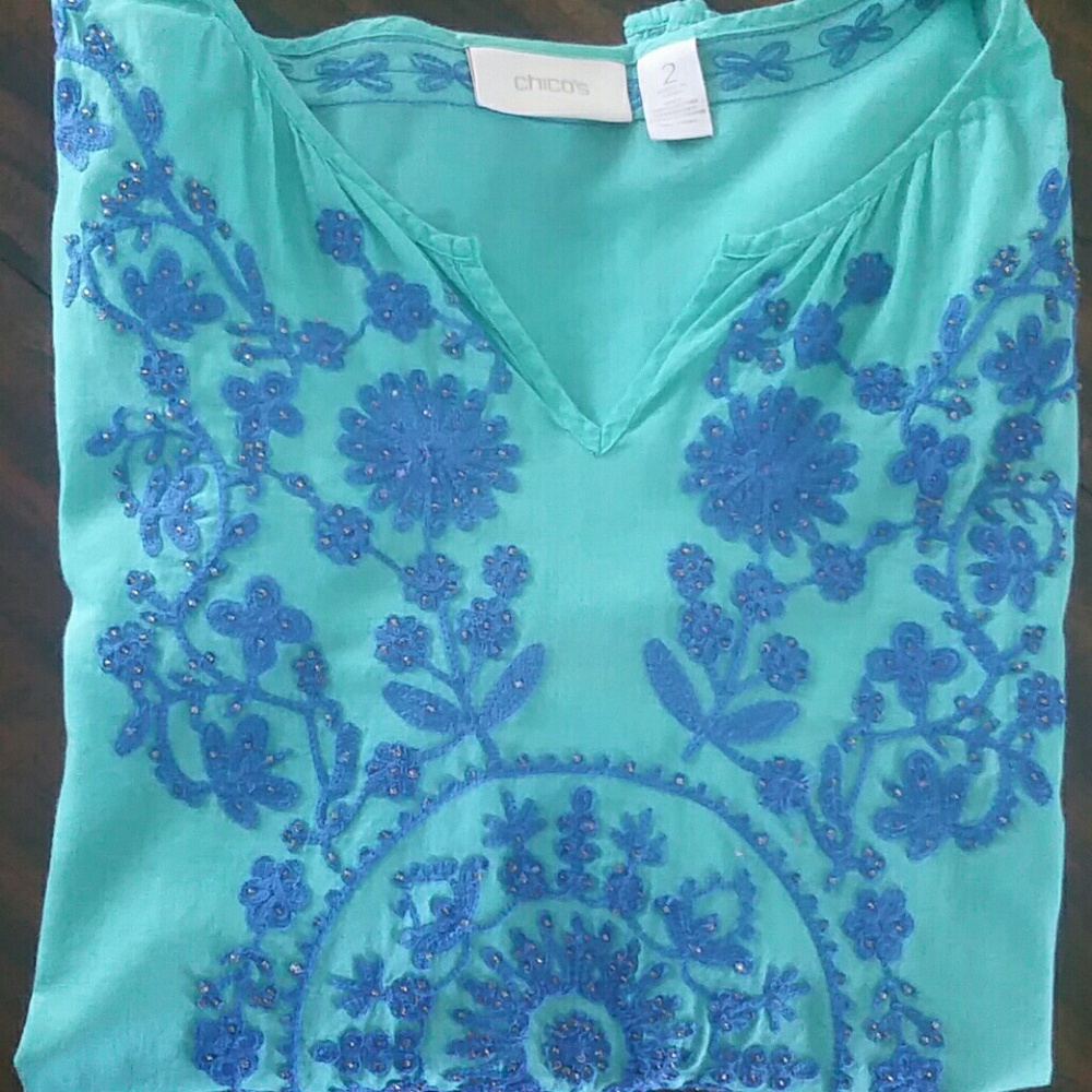 Chicos aqua tunic with blue beading