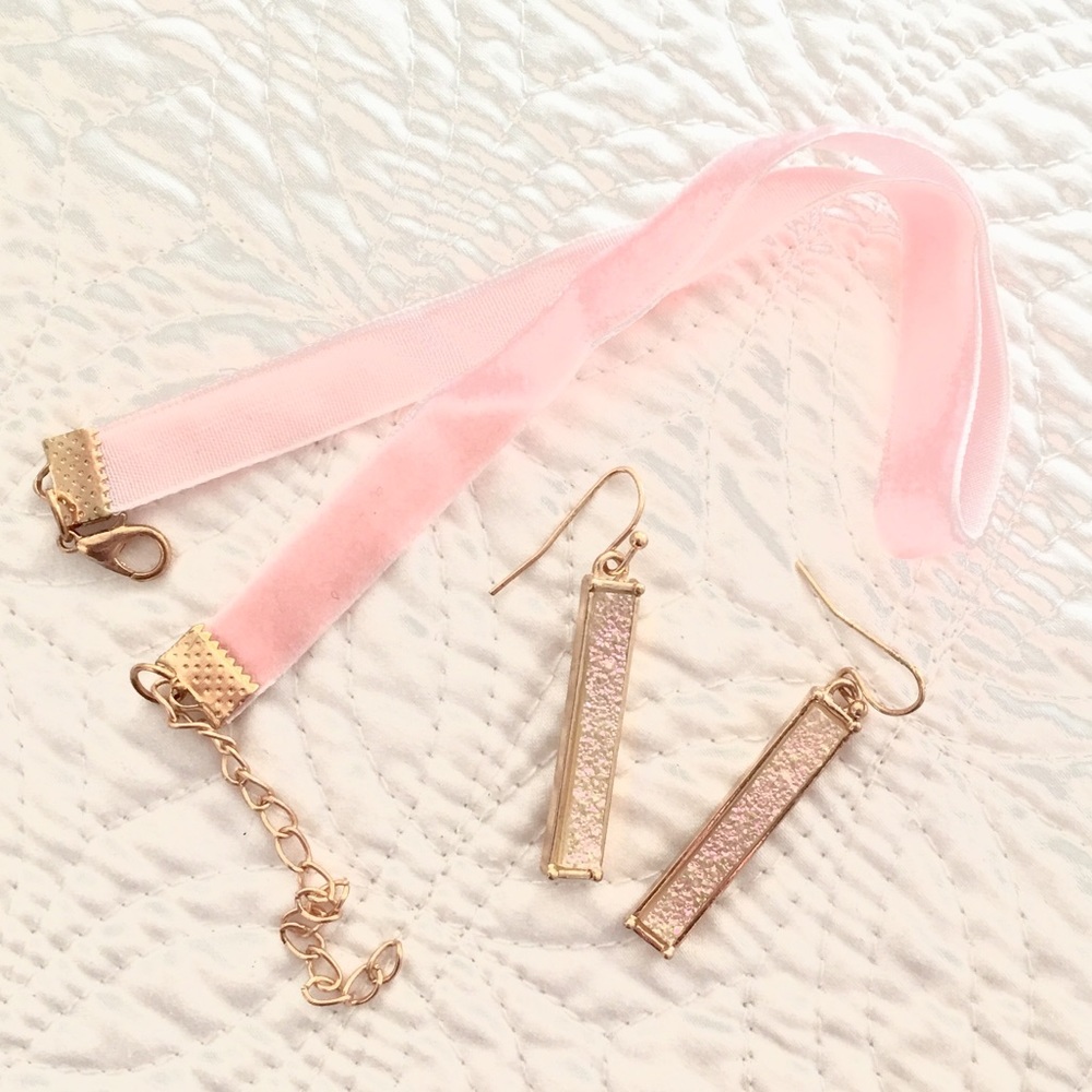 Final Price!pink Druzy Drop Earrings + Pink Choker