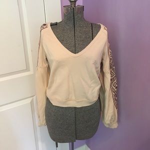 Free People Cream Embroidered Crop Sweatshirt