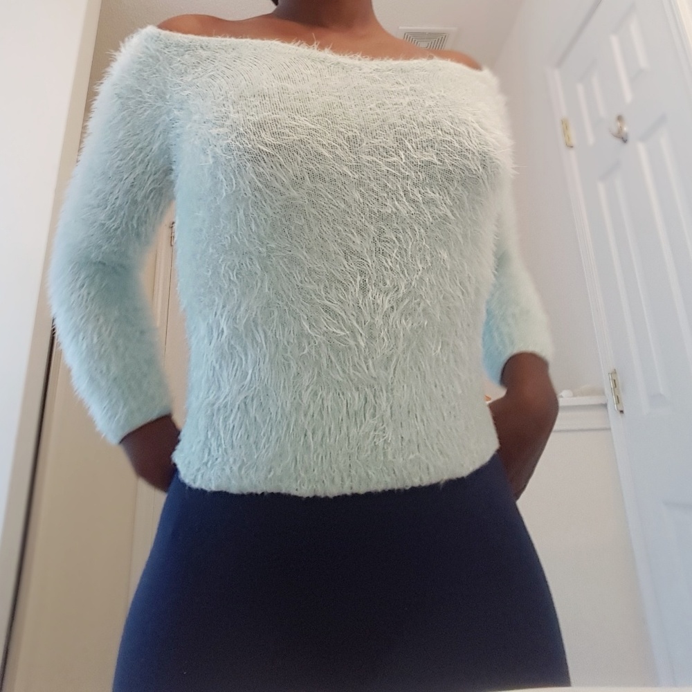 fuzzy teal off-the shoulder sweater