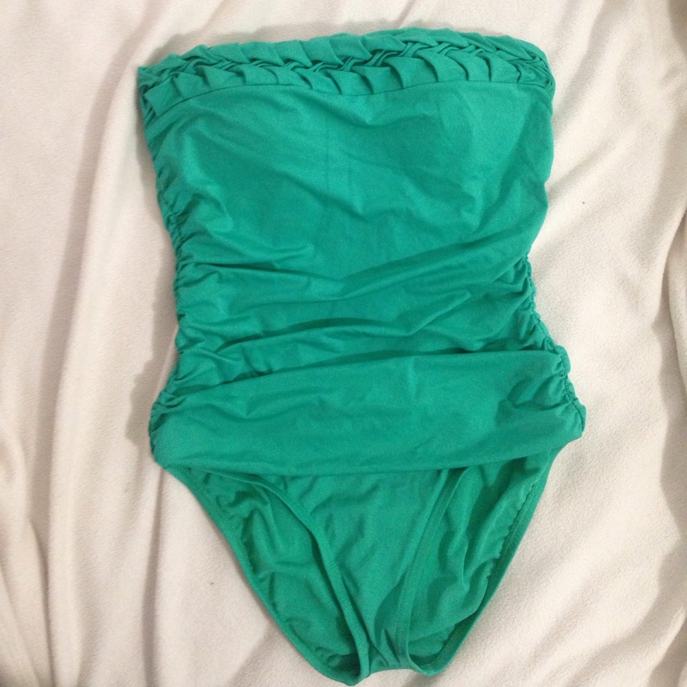 Green strapless one piece bathing suit