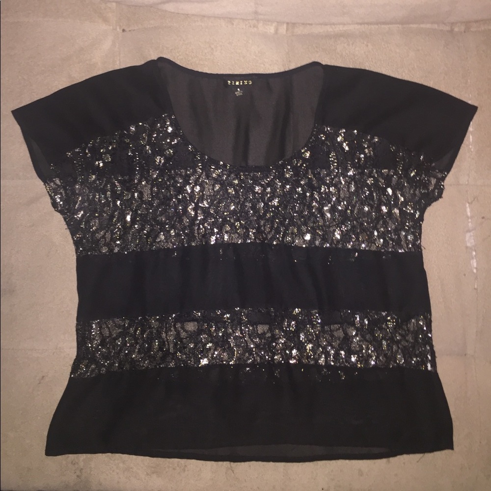 Timing tee. Black chiffon and gold lace stripes.