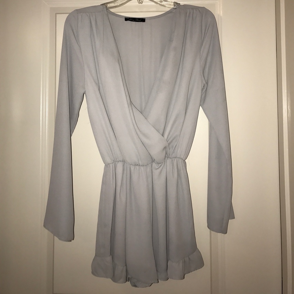 Grey Long-Sleeved Ruffled Romper