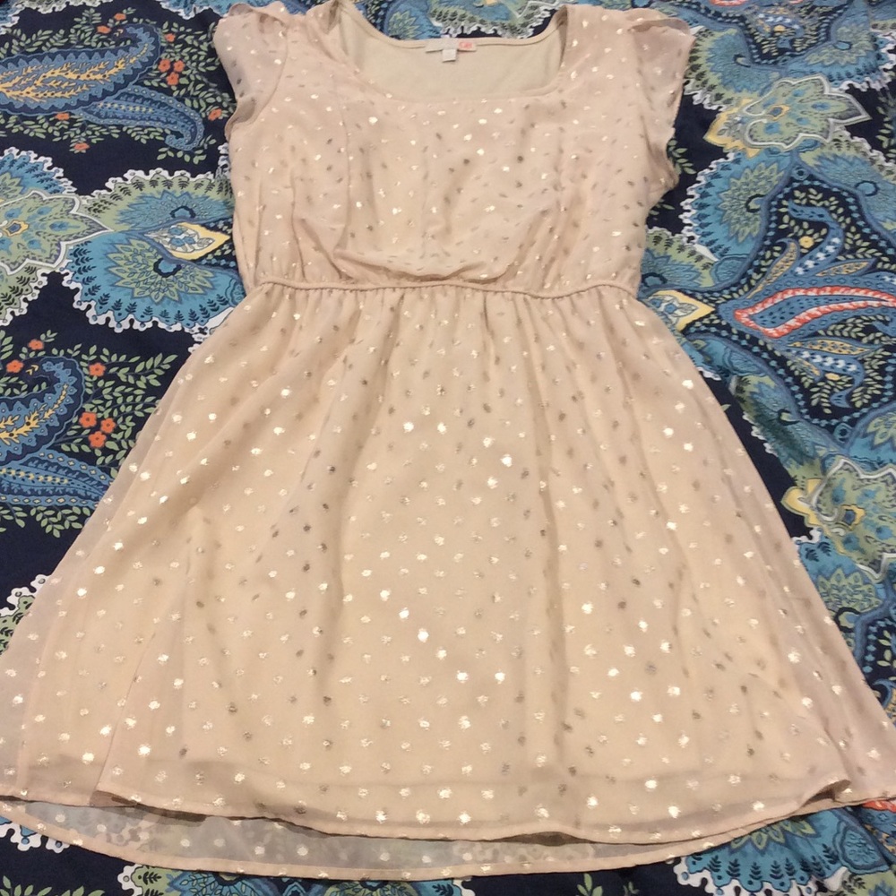 Cream and gold polka dot a line chiffon dress NWOT