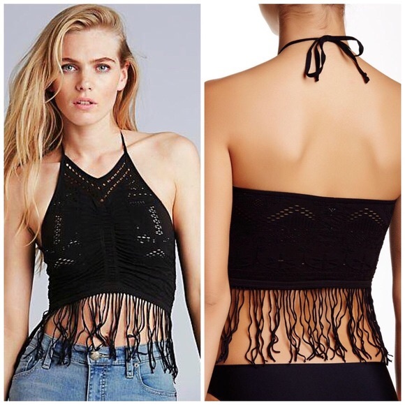 ❌SOLD❌FREE PEOPLE TASSEL FRINGE HALTER CROP TOP - Picture 2 of 5