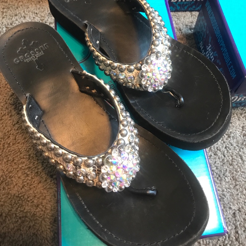 Crossed By Gypsy Soule bling flip flops