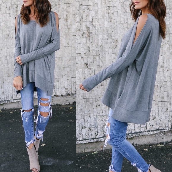 SAMMIE Cold Shoulder Long Sleeve Top - H. GREY - Picture 2 of 2