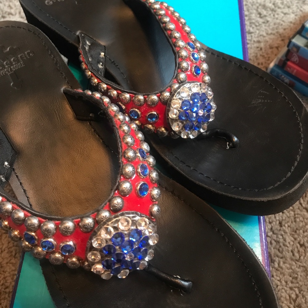Red Blue and silver bling flip flops