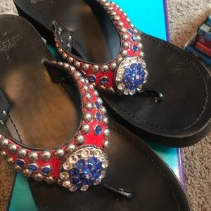 Red Blue and silver bling flip flops