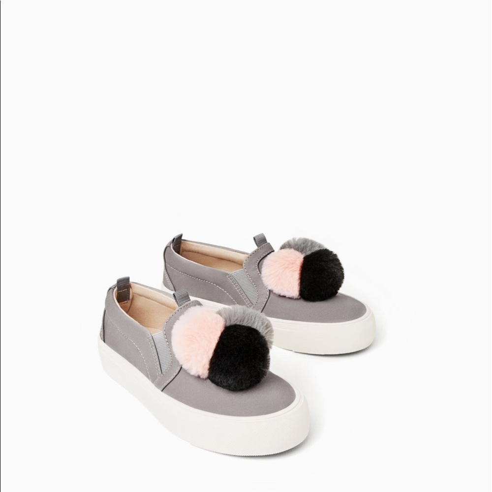 ON SALE ZARA girls grey Pom Pom slip on sneakers