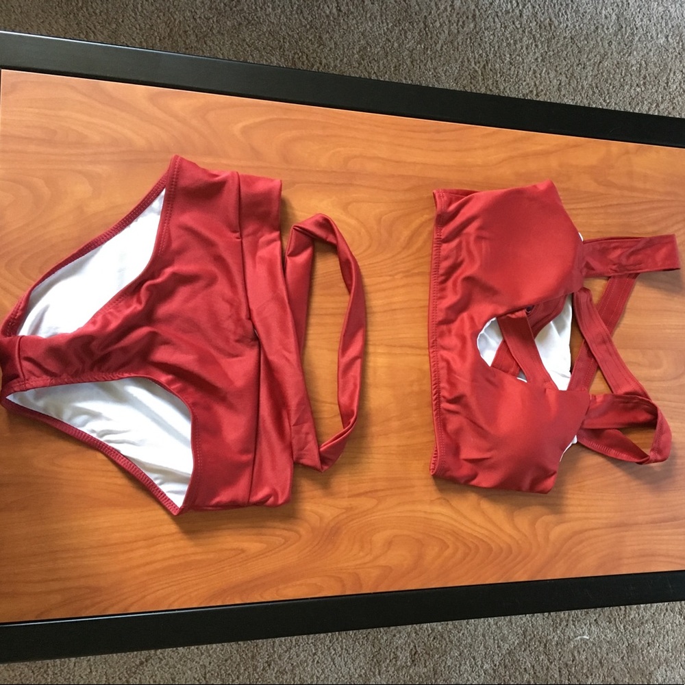 Sexy Criss Cross High Waisted Bikini Set, M Wine
