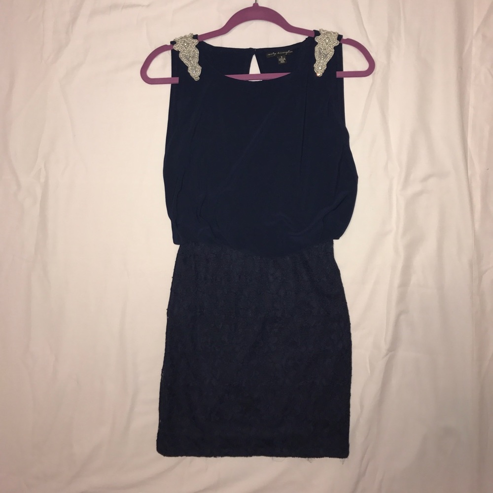 Lovely, Navy Blue Cocktail Dress w/ Pearl Shoulder