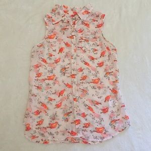Button Down Sheer Bird Top