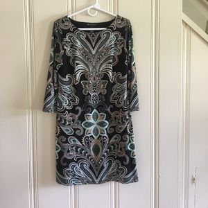 INC bell sleeve black, green, teal print dress , M