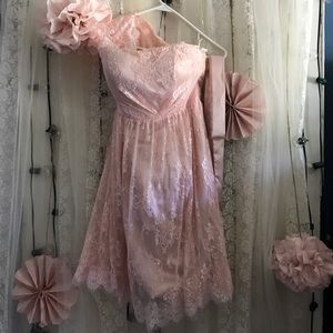 Pink Lace Dress- one shoulder, knee length