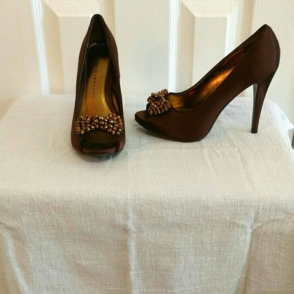 Brown Satin Open Toe Pumps