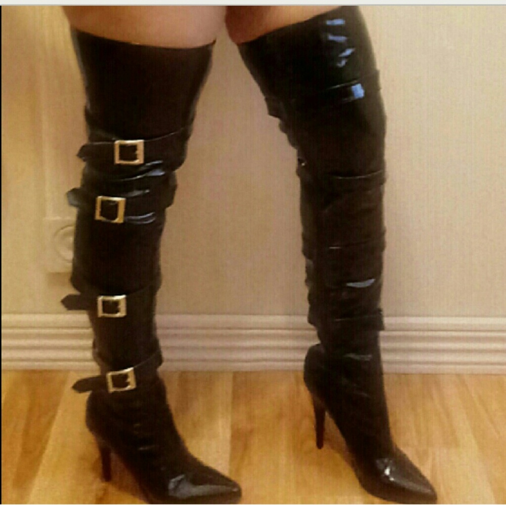 Patent leather thigh high boots