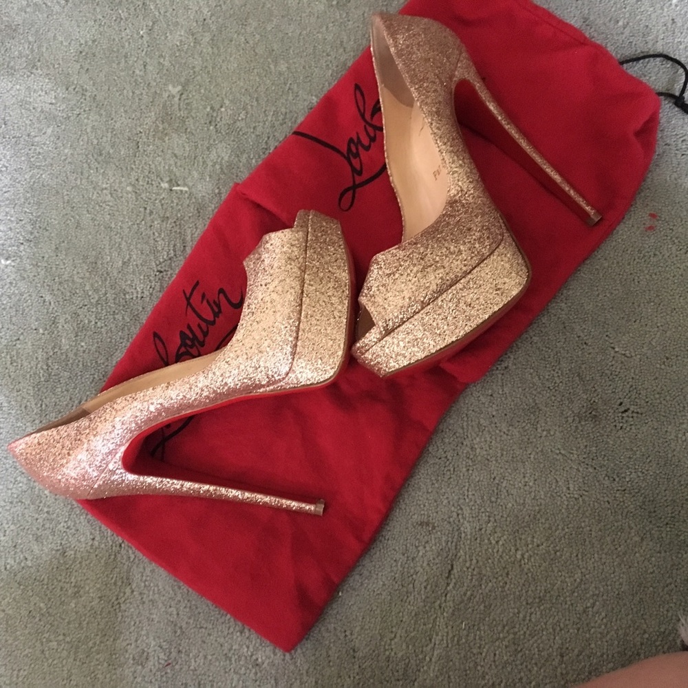 Christian Louboutin peep toe gold glitter heels