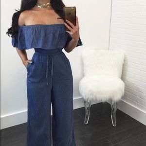 Off shoulder denim jumpsuit