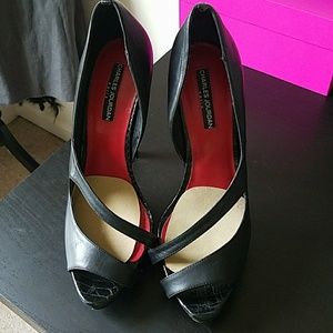 Charles Jourdan Black Leather Cross Cut Out Pumps