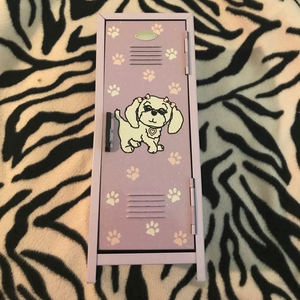 A Purple Mini Locker with a puppy on the front