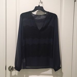 Ann Taylor long sleeve navy blouse w/ black lace!