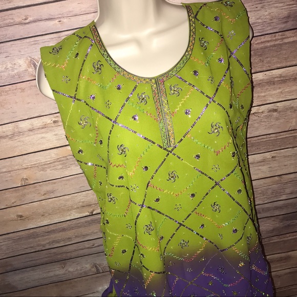 Made in India Sheer Green & Purple Sequin Tunic - Picture 2 of 8