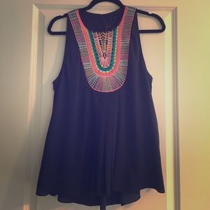 Navy tank with colorful embroidery