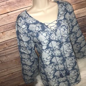 Chambray White Floral Denim Tassel Tie Peasant Top