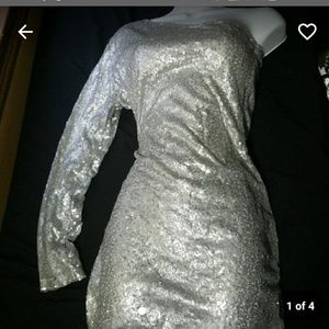 One sleeve bodycon dress silver sequins Sz 8