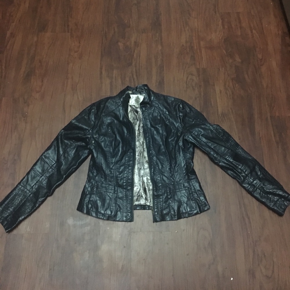 Deep navy, medium size, faux-leather bomber jacket