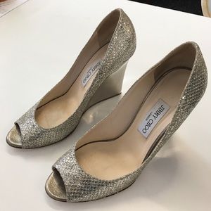 JIMMY CHOO Baxen Glitter Peep-Toe Wedge Pump