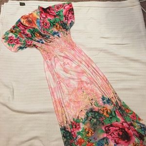 Red and pink floral v neck dress