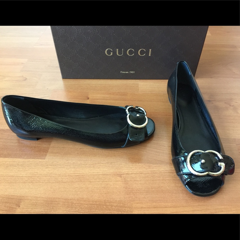 New Gucci Patent Leather Peep Toe GG flats - Picture 1 of 8