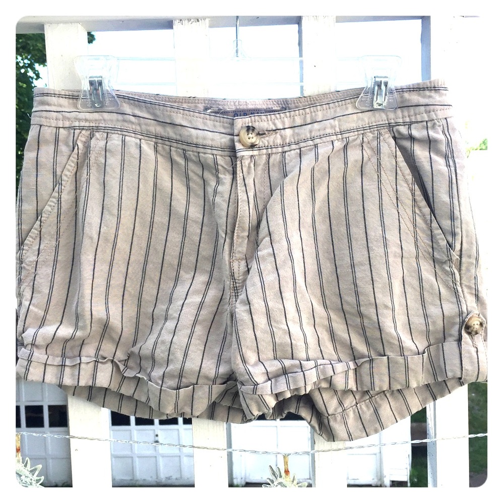 Shorts Tan Black Pinstripe Low Rise Linen Cotton
