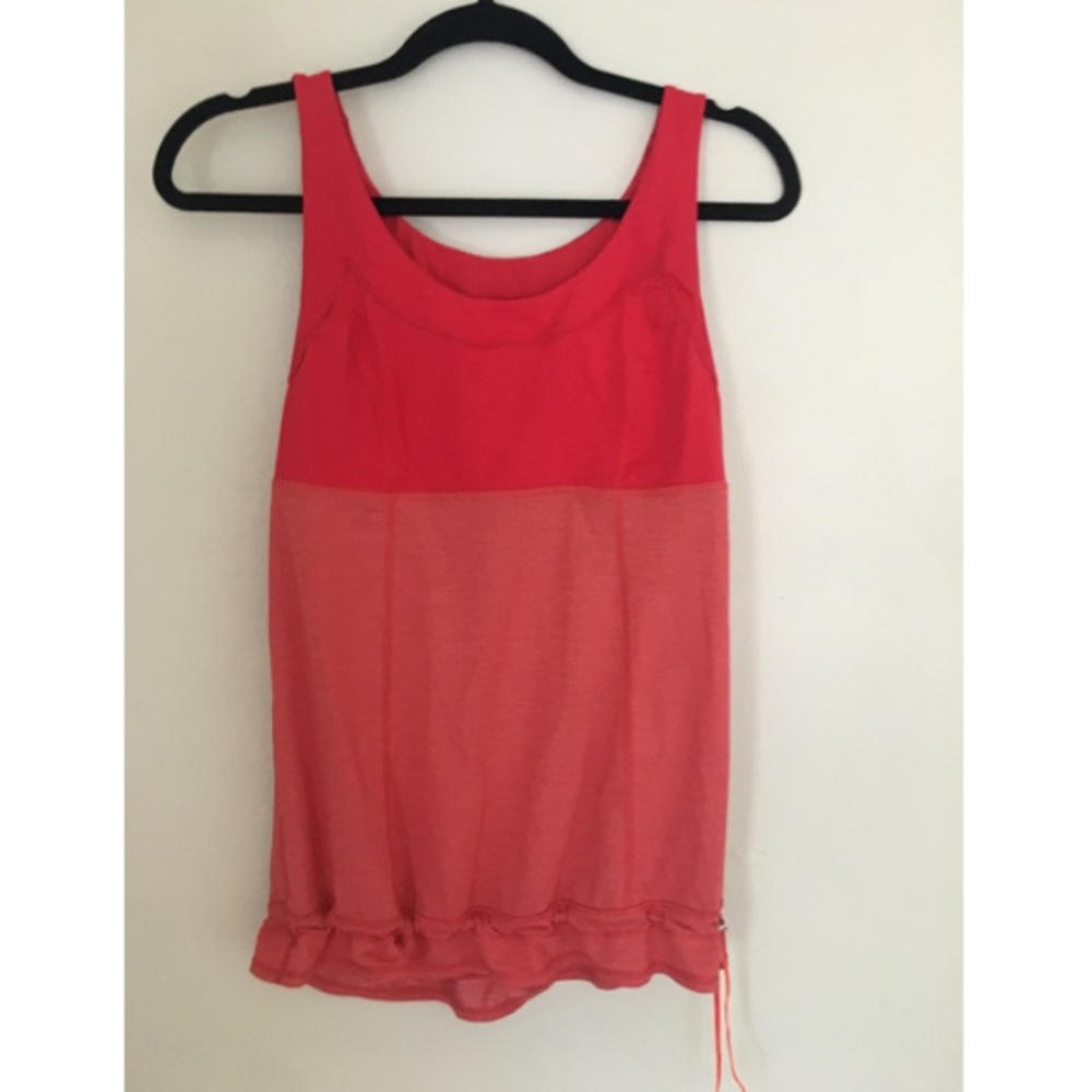 Red Lululemon exercise shirt with drawstring waist
