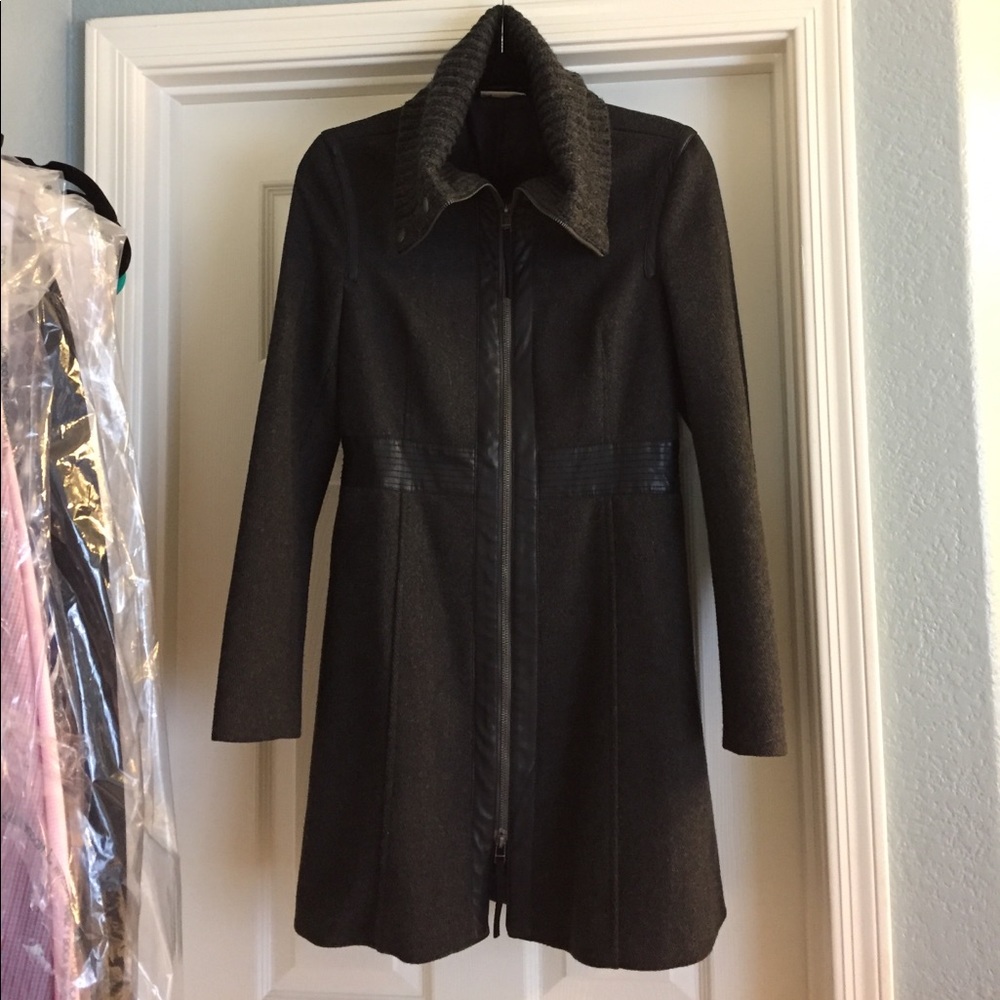 Light wool jacket. Gray w/ black leather detail