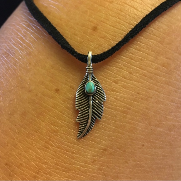Sterling Silver Feather Pendant with Turquoise, Silver Pendants, Silver Charm - Picture 4 of 5