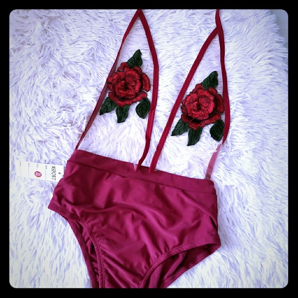 New Fashionista maroon swimsuit with rose emblem