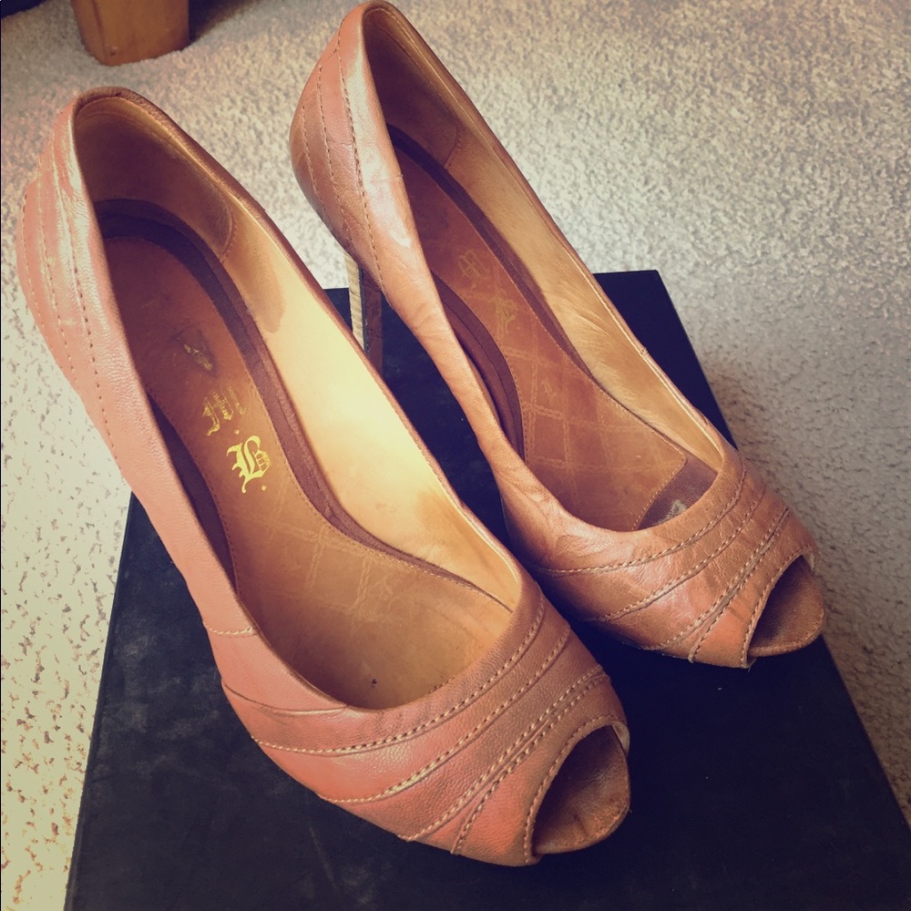 L.A.M.B. Brown Leather Peep Toe Heels