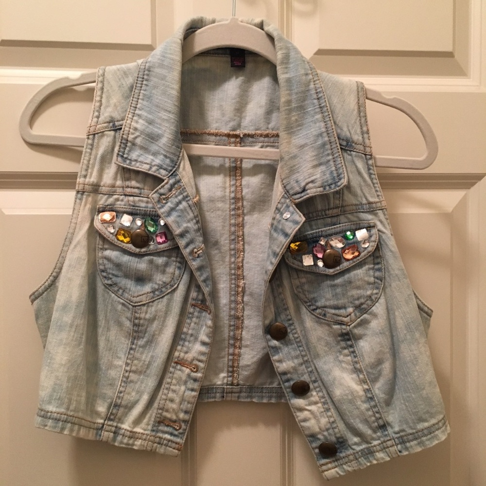 Crop top Jean Vest with Jeweled Pockets