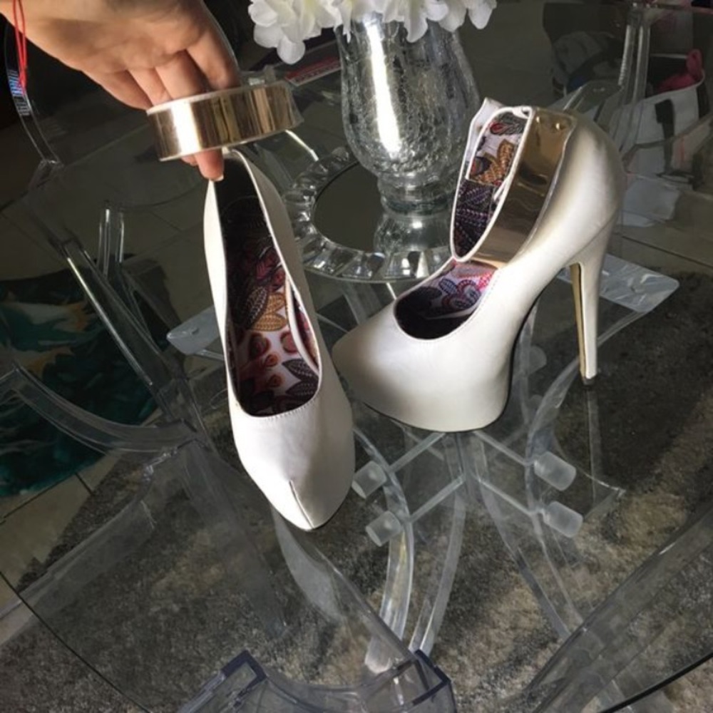 White platform heels with gold Ankle strap