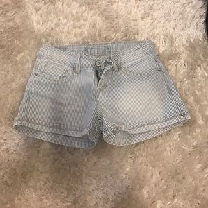 Blue and white striped denim shorts