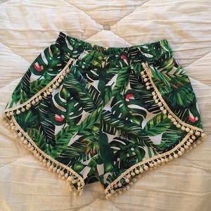 Palm Print Shorts with PomPom Trim
