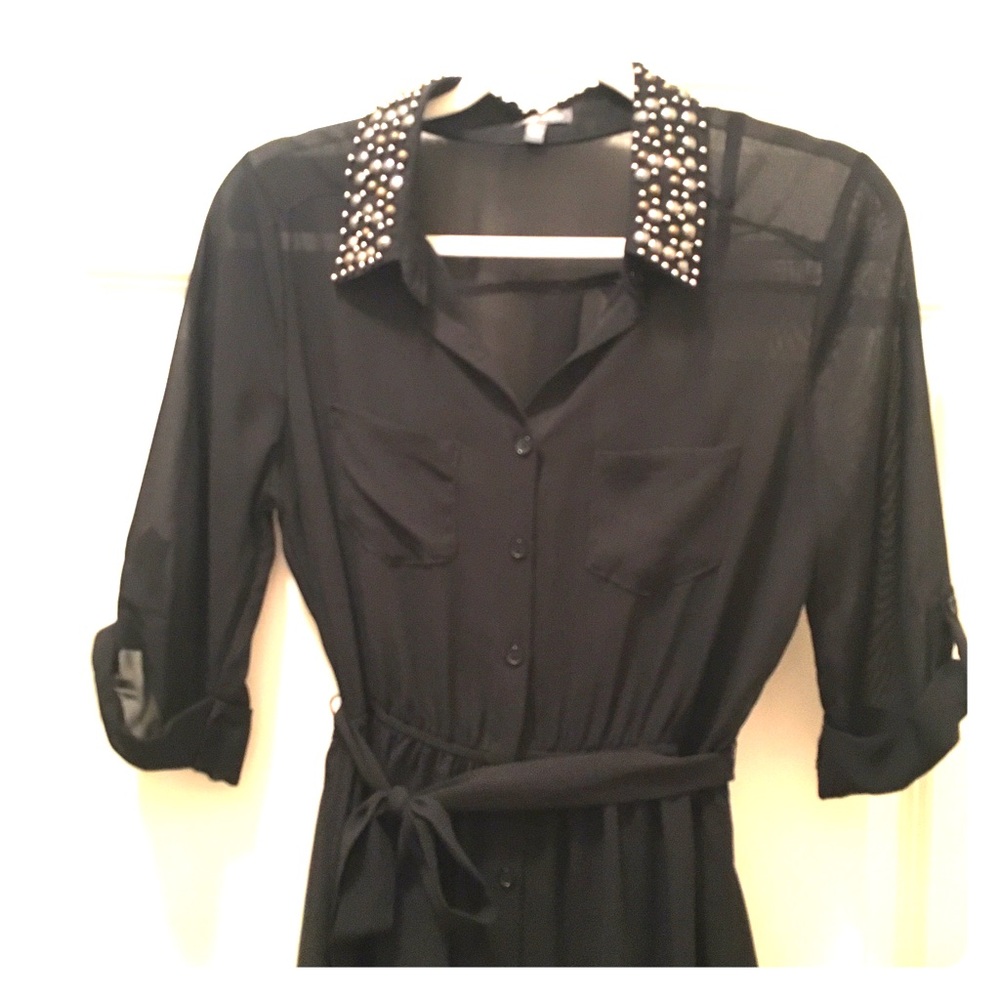 3/4 Sleeved Black Dress with Jeweled Collar