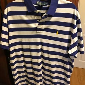 Blue and white striped polo