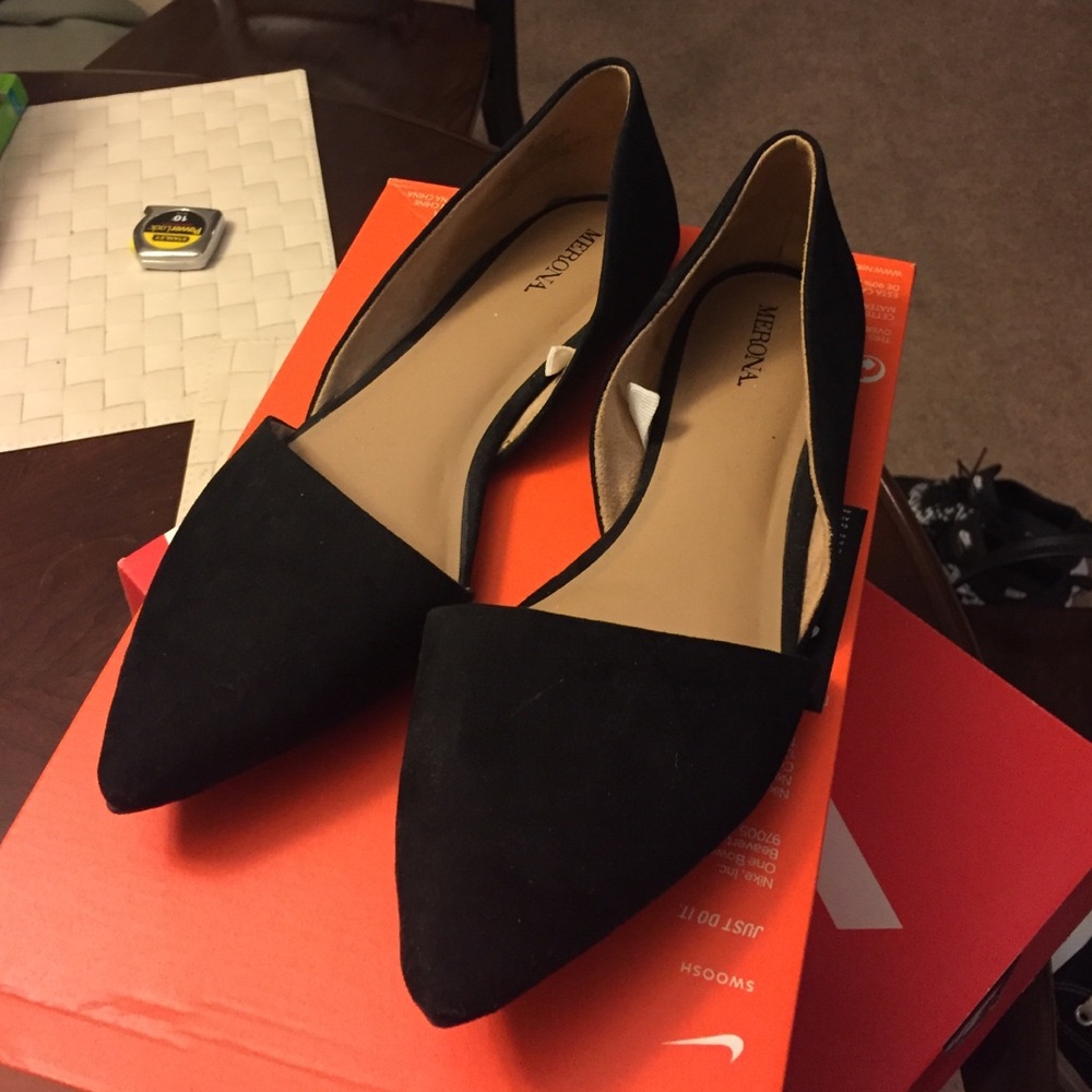Black suede pointy toe flats